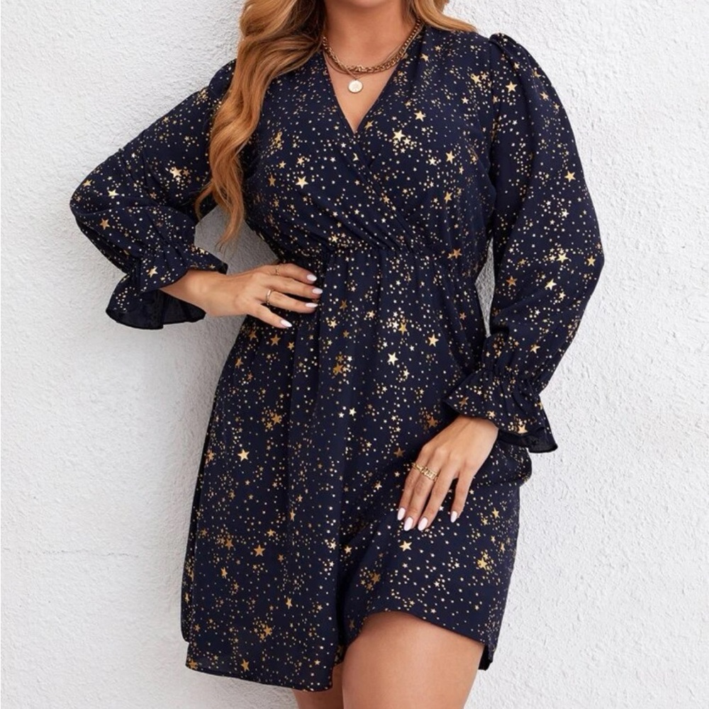 Navy blue gold stars flounce sleeve holidays party dress - Picture 1 of 8